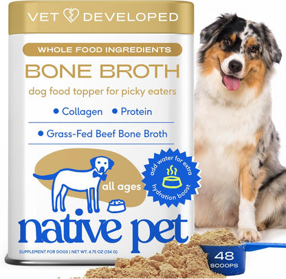 Native Pet Bone Broth for Dogs - Made with Real Beef Bone Broth, Dog Food Toppers for Picky Eaters - Provides Extra Hydration & Nutrition for Joint Strength, Immunity & Heart Health-48 Scoops