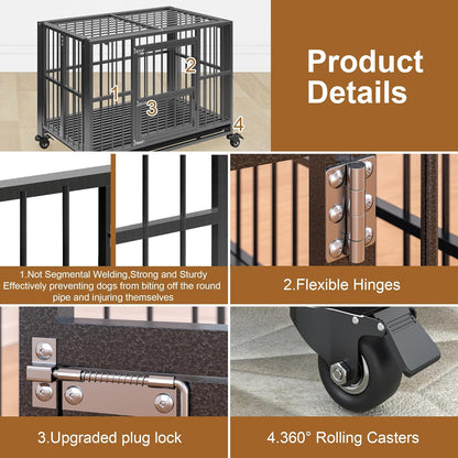 Polar Aurora Heavy Duty Dog Crate, Foldable Indestructible Dog Kennel, Escape Proof Extra Large Dog Cage with Lockable Wheels, High Anxiety Pet Playpen with Double Door for Indoor/Outdoor Use. (38in)