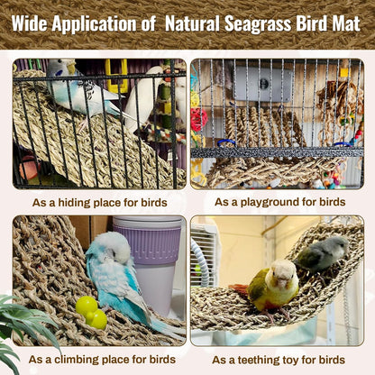 29.5 x 7 inches Large Bird Seagrass Mat Grass Woven Net Parrot Hammock Mat Parakeet Climbing Rope Ladder with Hooks Bird Cage Accessories for Conure Cockatiel Budgie Macaw