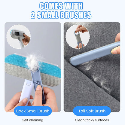 Pet Hair Removal Tool, Multifunctional Reusable Pet Hair Remover Brush for Lint, Cat & Dog Hair Remover for Couch Furniture Car Bed Window Clothes, Washable 4 in 1 Brush with Long Handle & 2 Scrapers