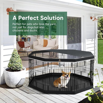 PJYuCien Dog Playpen, 8 Panels 24’’H Dog Pens Indoor with Bottom Pad and Top Cover, Metal Foldable Pet Puppy Exercise Fence Crate Kennel, Better for Small Animals,Black