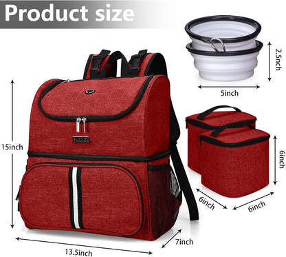 BAGLHER Pet Travel Bag, Double-Layer Pet Supplies Backpack (for All Pet Travel Supplies), Pet Travel Backpack with 2 Silicone Collapsible Bowls and 2 Food Baskets Red