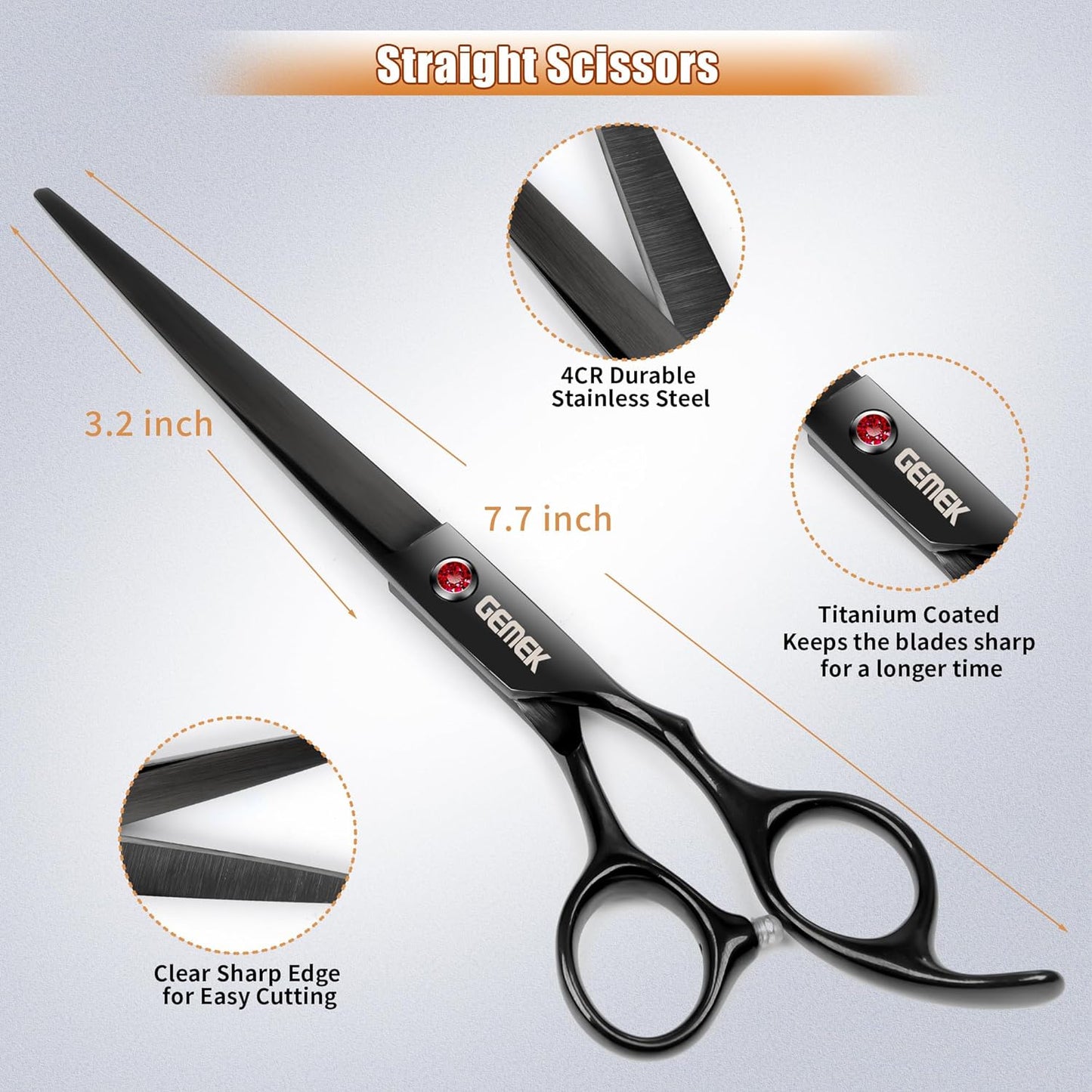 7.0in Titanium Professional Dog Grooming Scissors Set, GEMEK 6 in 1 Straight & Thinning & Upwards Curved & Downwards Curved Scissors & Comb for Dogs, Cats and Other Animals (Black)