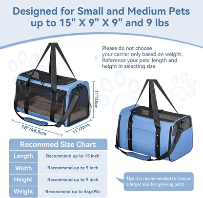 PETSFIT Soft-Sided Cat Carriers & Car Seats with Patent Safe Buckles, Clip-On Harness，18"x11"x11" Airline Approved Pet Carrier - 9 lbs Capacity (Blue)