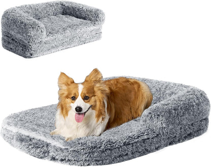 EHEYCIGA Foldable XL Dog Bed, Faux Fur Fluffy Pet Couch Bed for Large Dogs, Orthopedic Calming Memory Foam Big Pet Bed, Washable Soft Pet Sofa Bed with Non-Slip Bottom, Grey, 46"x34"x6.5"