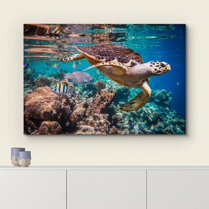 wall26 Canvas Print Wall Art Tropical Turtle Coral Reef Deep Sea Dive Nature Animals Photography Realism Rustic Scenic Landscape Wilderness Earth Colorful for Living Room, Bedroom, Office - 24"x36"