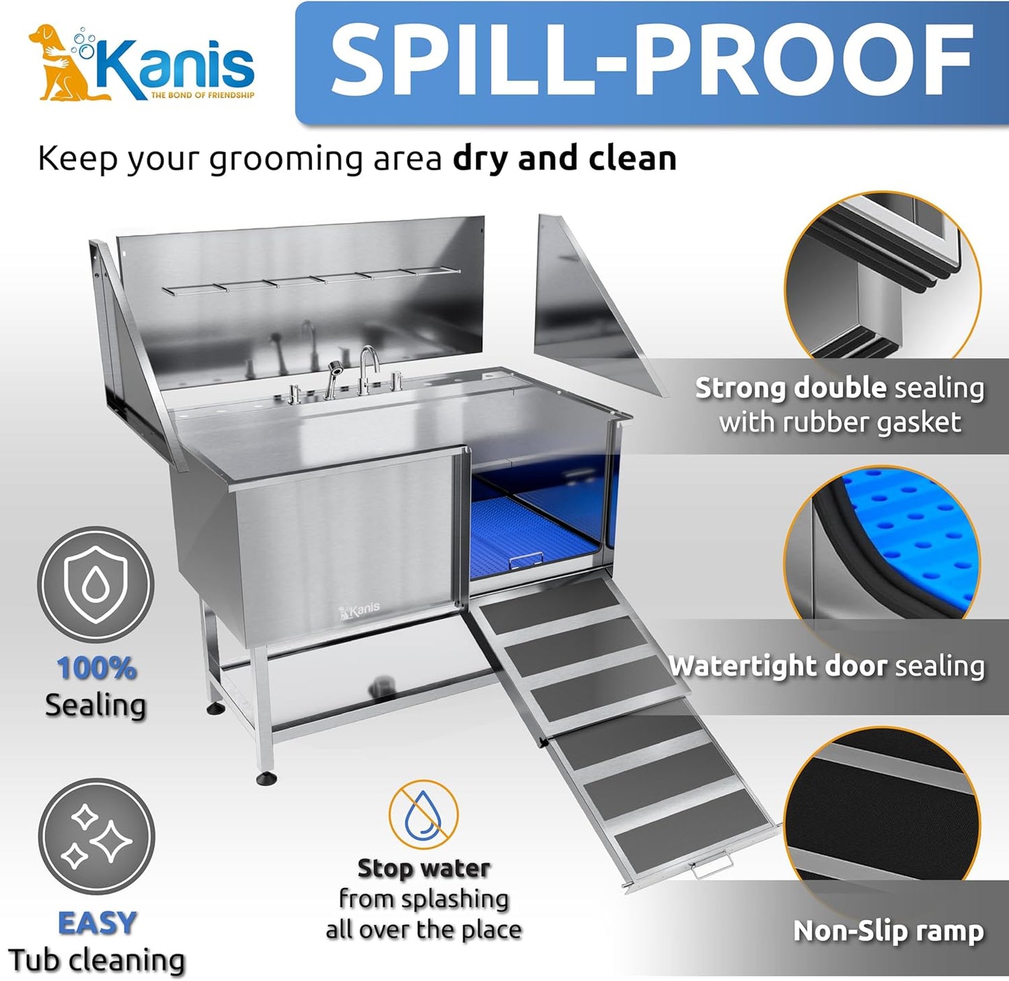 KANIS Professional Dog Washing Station - 304 Stainless Steel Pet Wash Sink & Grooming Bath Tub for Home with Ramp, Shower, Floor Grate, Storage Shelf, Faucet, Drain Kit for Large, Medium & Small Pets