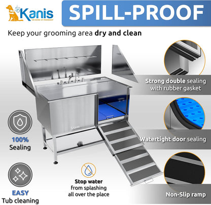 KANIS Professional Dog Washing Station - 304 Stainless Steel Pet Wash Sink & Grooming Bath Tub for Home with Ramp, Shower, Floor Grate, Storage Shelf, Faucet, Drain Kit for Large, Medium & Small Pets