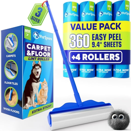 PetLovers Large Lint Roller with 3 Refills – 360 Total Sheets for Tackling Pet Hair, Extra Large