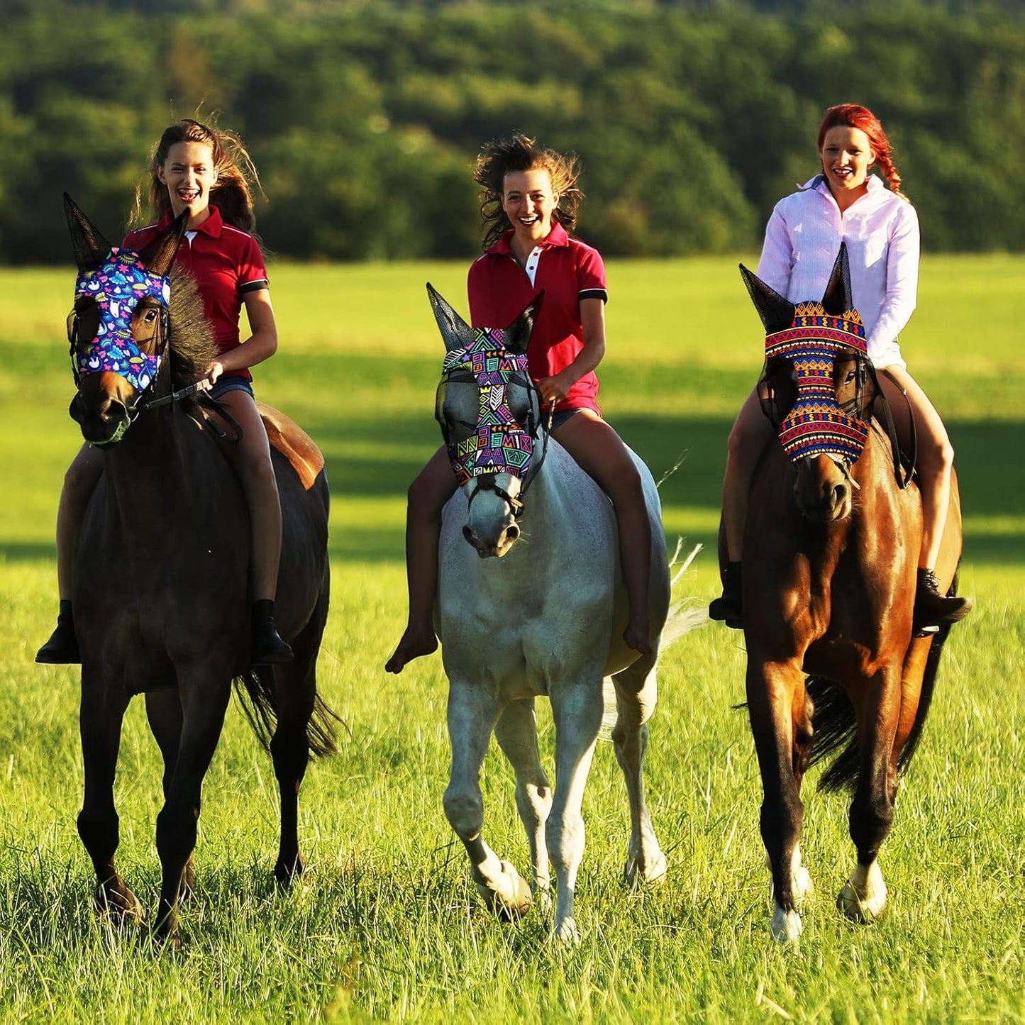 Qualirey12 Pieces Horse Fly Mask Bulk Comfortable Elasticity Mask for Horses with Ears Net UV Protection Breathable Horse Supplies Face Covering for Horse Pony and Foal (Geometric Patterns, Medium)