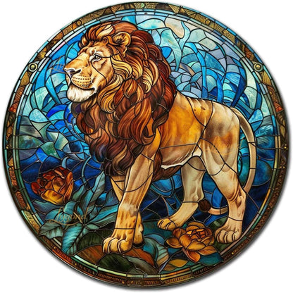 Lygond Metal Sign Tin Sign Circular Stained Glass Lion Metal Sign for Home Decor 8×8 Inches