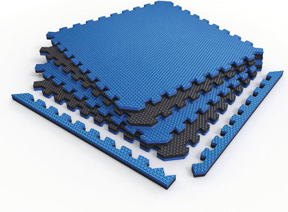 Norsk Reversible Gym Exercise Mats 3/4" Thick EVA Interlocking Foam Tiles, Perfect Gym Flooring for Home Gym, 16 Tiles & 32 Trim Pieces, 64 Sq. Ft. Reversible, Dazzling Blue/Black