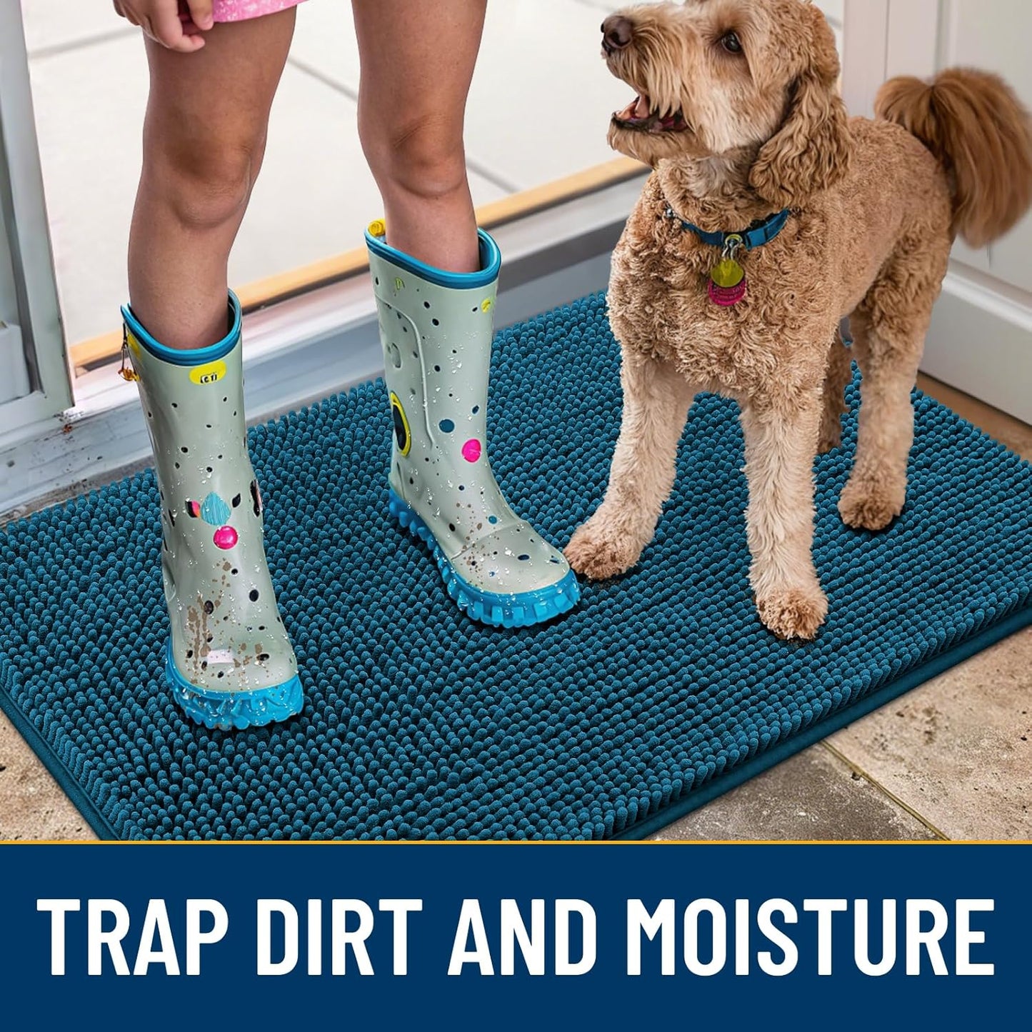 Smiry Dog Door Mat for Muddy Paws 24x16, Absorbs Moisture and Dirt Doormat, Non-Slip Washable Quick Dry Chenille Front Door Mat Indoor Entrance, Entryway Carpet for Inside Floor, Atlantic Blue