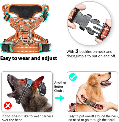 Timos Dog Harness, No Pull Dogs Harness 3 Snap Buckles Adjustable Reflective No Choke Pet Vest for Small Dog with Soft Padded Control Training Handle for Outdoor Training,Flower Orange, S