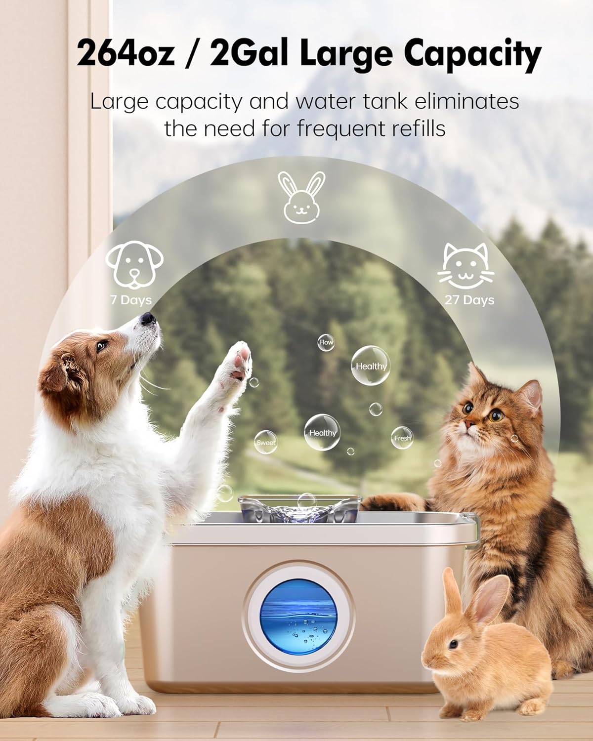 Dog Water Fountain 2 Gal, Stainless Steel Dog Water Fountain for Large Dogs Multi-Cats, Pet Water Fountain with Big Window, Super-Quiet Pump, Indoor Automatic Dog Water Bowl Dispenser Fountain Filters