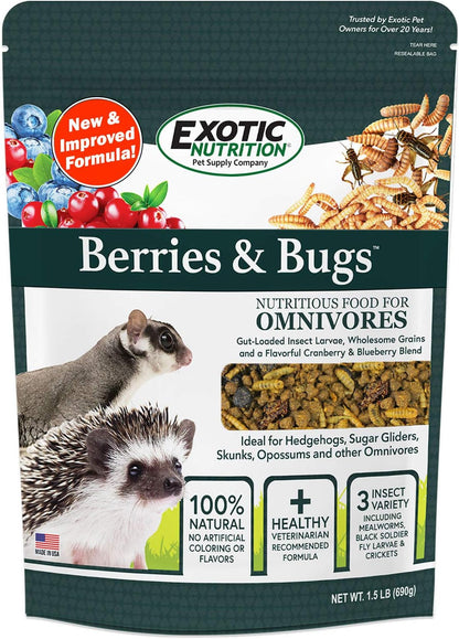 Berries & Bugs 3 lb. - All Natural High Protein High Fiber Insectivore Diet with Fruit, Gut-Loaded Insects, & Healthy Vitamins - Hedgehogs, Sugar Gliders, Skunks, Opossums & Other Insectivores