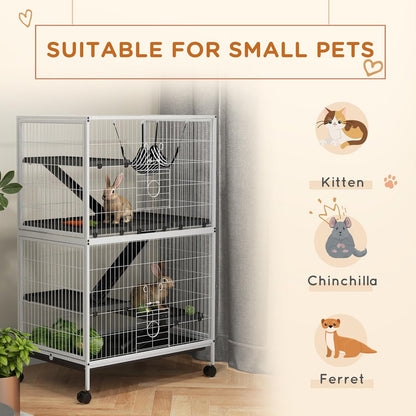 PawHut Metal Small Animal Cage, 5-Tiers Rolling Big Ferret Cage with Hammock, Removable Tray, for Chinchilla, Sugar Glider, White