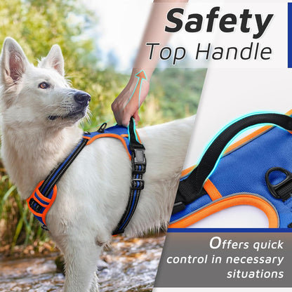 Eagloo Dog Harness for Large Dogs, No Pull Service Vest with Reflective Strips and Control Handle, Adjustable and Comfortable for Walking, No Choke Pet Harness with 2 Metal Rings, Blue & Orange, L