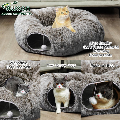 AUOON Cat Tunnel Bed - Cat Donut Tunnel with Soft Plush Circle Cushion for Indoor Cats Kitten Kitty Puppy Rabbit Ferret (Brown)
