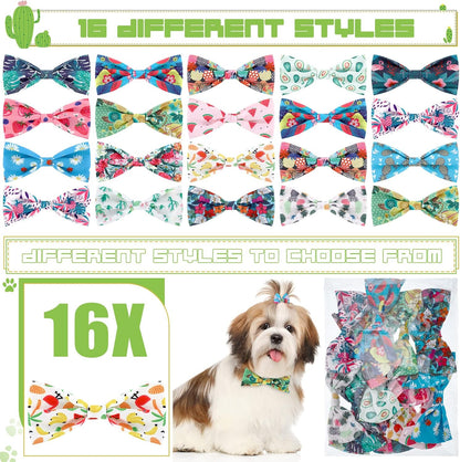 Weewooday 16 Pcs Dog Bow Ties Slide Pet Collar Bows Summer Hawaiian Styles Large Dog Collar Attachment Bowtie with Rubber Bands Male Pet for Spring Summer Grooming Independence Day(Fresh Style)