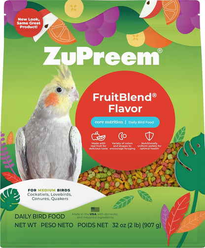 ZuPreem FruitBlend Bird Pellets, Daily Bird Food for Cockatiel, Lovebird, Quaker, Small Conure, Lorikeet, Core Nutrition for Medium Birds, Cockatiel Pellets, Conure Food (M, 2 lbs)