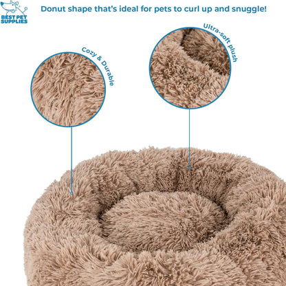 Best Pet Supplies Round Donut Dog Bed with Plush Faux Fur Fabric, Calming, Anti-Anxiety Cushion for Indoor Pets, Slip-Resistant Base, Soft Ergonomic Support - Caramel, 30x30x8''