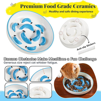 Ceramic Cat Slow Feeder Bowl - Vibrant Cat Feeding Bowl - Cute Maze Food Dish for Slow Eating - Dishwasher Safe - 6.3''W x 1.2''H - 7 OZ - Green