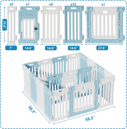 2 Room Dog Playpen with Door,DIY Shape Combination Puppy Pen,16-Panel+2 Link Piece+Large Door+Small Door,25.5" H Dog Fence,Non-Slip&Secure Pet Gate,Easy to Assemble,Blue+White
