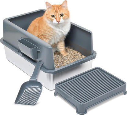 iPrimio Premium Stainless Cat Litter Box for Easy Cleanup - Durable and High Sides Stainless Steel Litter Box with Step Scoop - Mat Elevated for Cats - Scratch and Bite Proof - Dark Grey