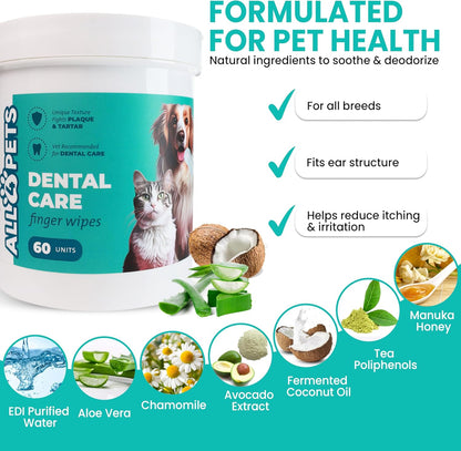 Dog Dental Wipes – 60 Count Natural Pet Dental Finger Wipes for Dogs, Cats – Odorless and Safe Dog and Cat Teeth Cleaning Wipes – Dental Wipes for Dogs Teeth Supports Dental Care, Gum Care