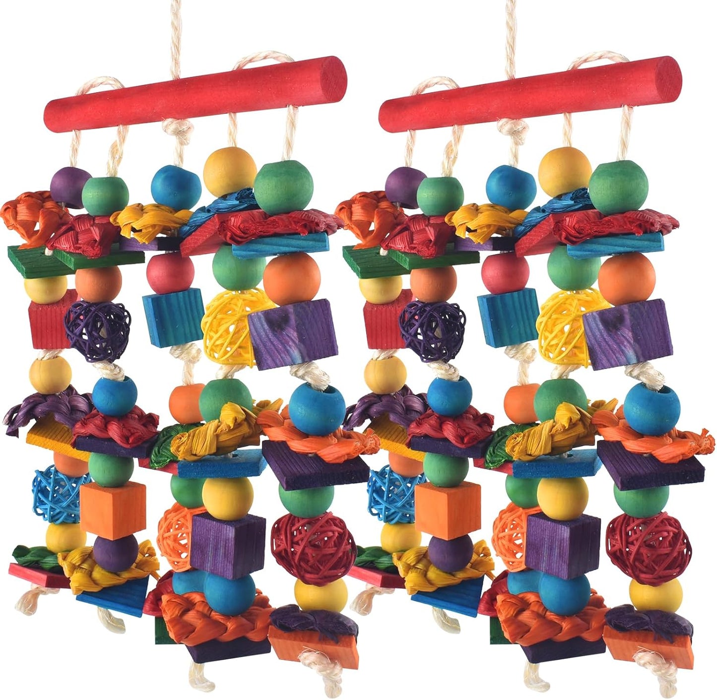 Bird Toys, 2PCS Parrot Foraging Hanging Toy, Multicolored Natural Wooden Blocks Parakeet Chewing Toys mit Rattan Wicker Balls, for Medium Small Cockatoos Budgie Lovebird Cockatiel Conure