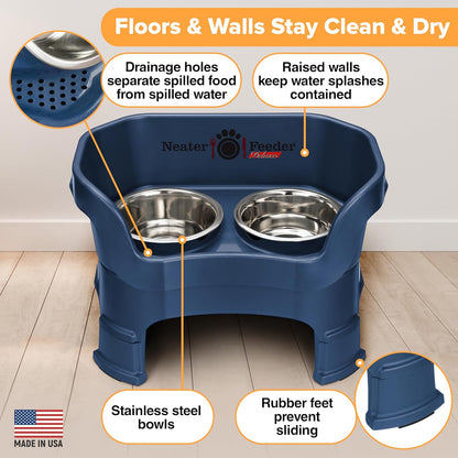Neater Feeder Deluxe Mess Proof Dog Bowls Elevated Medium Sized Dogs (19-40 lbs) Made in USA, No Spill Raised Dog Food Bowl Stand w/Leg Extension, Stainless Steel Food and Water Bowl Set, Dark Blue