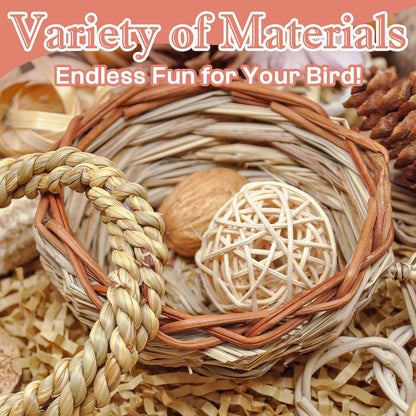 Natural Bird Foraging & Shredding Toys Box - Handmade Rattan Chewing Toys for Parakeets, Cockatiels, Conures, Lovebirds & Small to Medium Birds