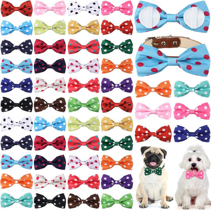 Reginary 50 Pieces Dog Bow Ties Pet Collar Bow Puppy Collar Attachment with Rubber Bands for Small Medium Cat Pet Grooming Charms Accessories Wedding Birthday Occasion (Polka Dot Style)