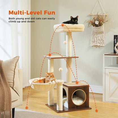 PEQULTI Modern Cat Tree for Indoor Cats,Multilevel Play House Cat Tower with Cat Condo, Scratching Post, Cozy Hammock and Plush Pompom, Brown