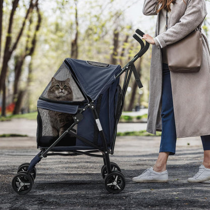 MoNiBloom 4 Wheels Pet Stroller, Easy-Fold Puppy Cage Jogger Stroller with Sun Cover, Pad and Rear Storage Bag, Breathable and Visible Mesh for Small/Medium Pets up to 22 lbs, Navy Blue