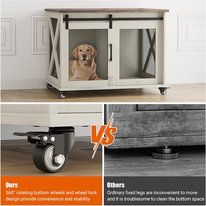 Dog Crate Furniture,37 Inch Indoor Dog Cage with Sliding Barn Door, Flip Top Dog Kennel End Table with Removable Divider, Farmhouse Wooden Pet House for Small to Middle Size Dogs
