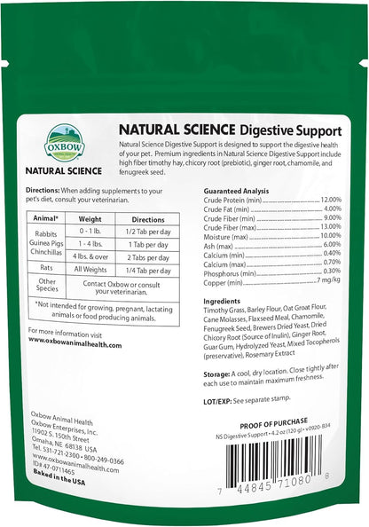 Oxbow Animal Health Natural Science Digestive Support, High Fiber Supplement for Rabbit & Guinea Pig, Made with Timothy Hay, Includes Chicory Root, Ginger Root, Chamomile, Made in USA, 4.2 oz Bag