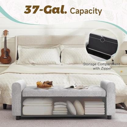 Ottoman with Storage, Tufted Storage Bench for Bedroom, 48" Fabrics End of Bed Bench, Upholstered Entryway Shoe Benches with Rolled Arm & Inner Zipper, Window Ottomans Chest without Rivets, Light Grey