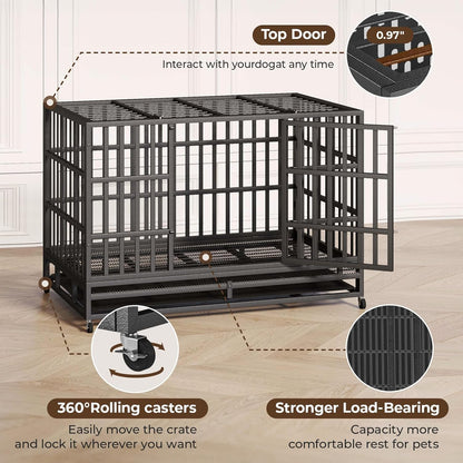 48/42/38 Inch Heavy Duty Indestructible Dog Crate,Escape Proof Dog Cage Kennel for Small Medium Dogs Indoor Double Door Dog Crate with Wheels, Lock& Removable Tray