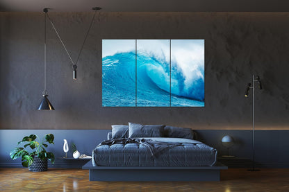 Nature Wall Art Prints - Ocean Forest Mountain Lake Canvas Landscapes - Small to Extra Large Living Room Bedroom Kitchen Bathroom Décor (Blue Ocean Wave, 55L" x 83W"- 3 Panels)