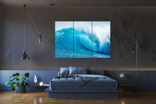 Nature Wall Art Prints - Ocean Forest Mountain Lake Canvas Landscapes - Small to Extra Large Living Room Bedroom Kitchen Bathroom Décor (Blue Ocean Wave, 47L" x 71W" - 3 panels)