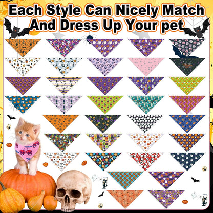 Reginary 72 Packs Halloween Dog Bandanas Bulk Pumpkin Ghost Pet Bandanas Triangle Scarf Bibs Adjustable Dogs Bandana for Halloween Thanksgiving
