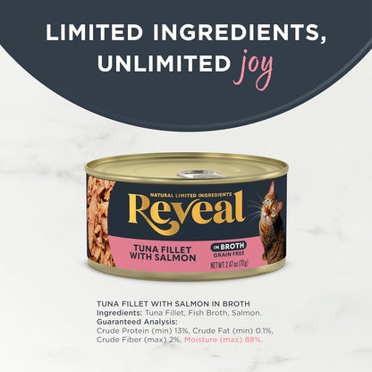 Reveal - Grain Free | Wet Canned Cat Food | 2.47oz - 24 Pack - Premium Nutrition, 100% Natural, No Additives, and Limited Ingredients (Tuna with Salmon in Broth)