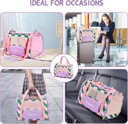 BurgeonNest Cat Carrier, Dog Cat Carriers for Large Medium Cats Under 20 lbs, Soft Sided Pet Carrier, Collapsible Travel Carry Puppy Kitten Cat Carrier with Big Side Bag (Medium, Pink-Green)