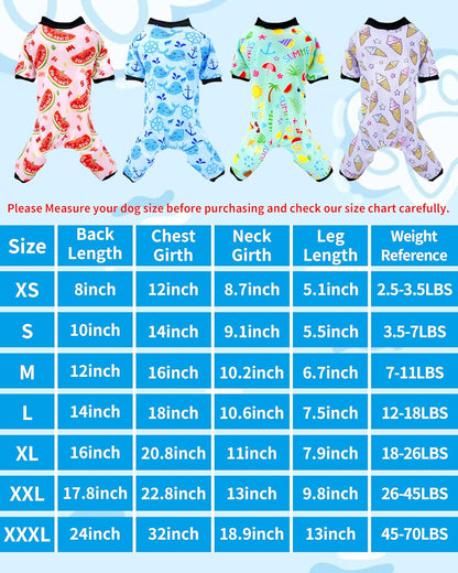 PET SHOW 4 Pack Small Dog Pajamas for Medium Dogs Girl Boy Watermelon Soft Stretchy PJs Whale Ice Cream Jumpsuit Puppy Floral Onesies Outfits with Sleeve Pets Breathable Summer Dog Clothes Costume L