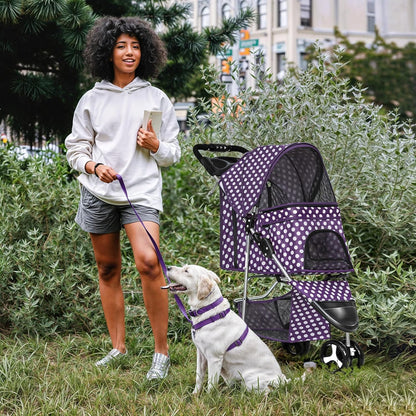 MoNiBloom 3 Wheels Pet Dog Cat Stroller for Small Medium Dogs Cats, Foldable Jogger Stroller w/Storage Basket and Cup Holder, Purple Polka Dots