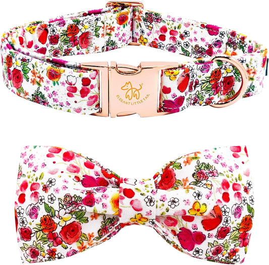 Elegant little tail Dog Collar, Pink Rose Print Pet Collar Summer Dog Collar Durable Metal Buckle Dog Collars Cotton Pet Adjustable Dog Collars for X-Small Dogs