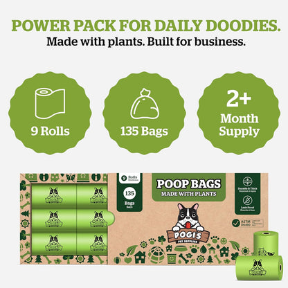 Pogi's Compostable Poop Bags – Leak-Proof, Extra-Large, Made with Plants – 9 Rolls (135 Bags)