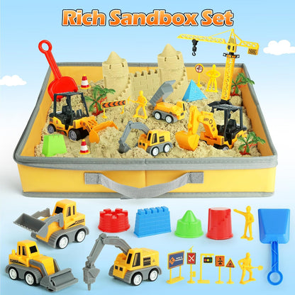 Sand Construction Site Kit - 37 Pcs Play Sand Art Kit with 8 Construction Trucks, Folding Sandbox, 2.2 lbs Magic Sand, Crane, Worker, Road Signs, Molds, Shovel - Ideal Toys for Boys Girls Age 3+